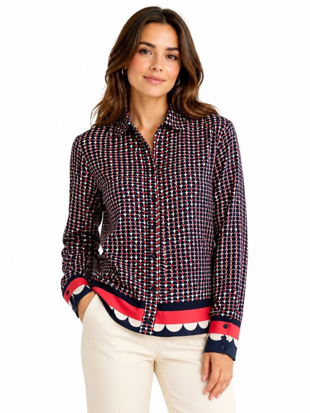 Carlisle Collection Black Red Silk Geometric Print Blouse